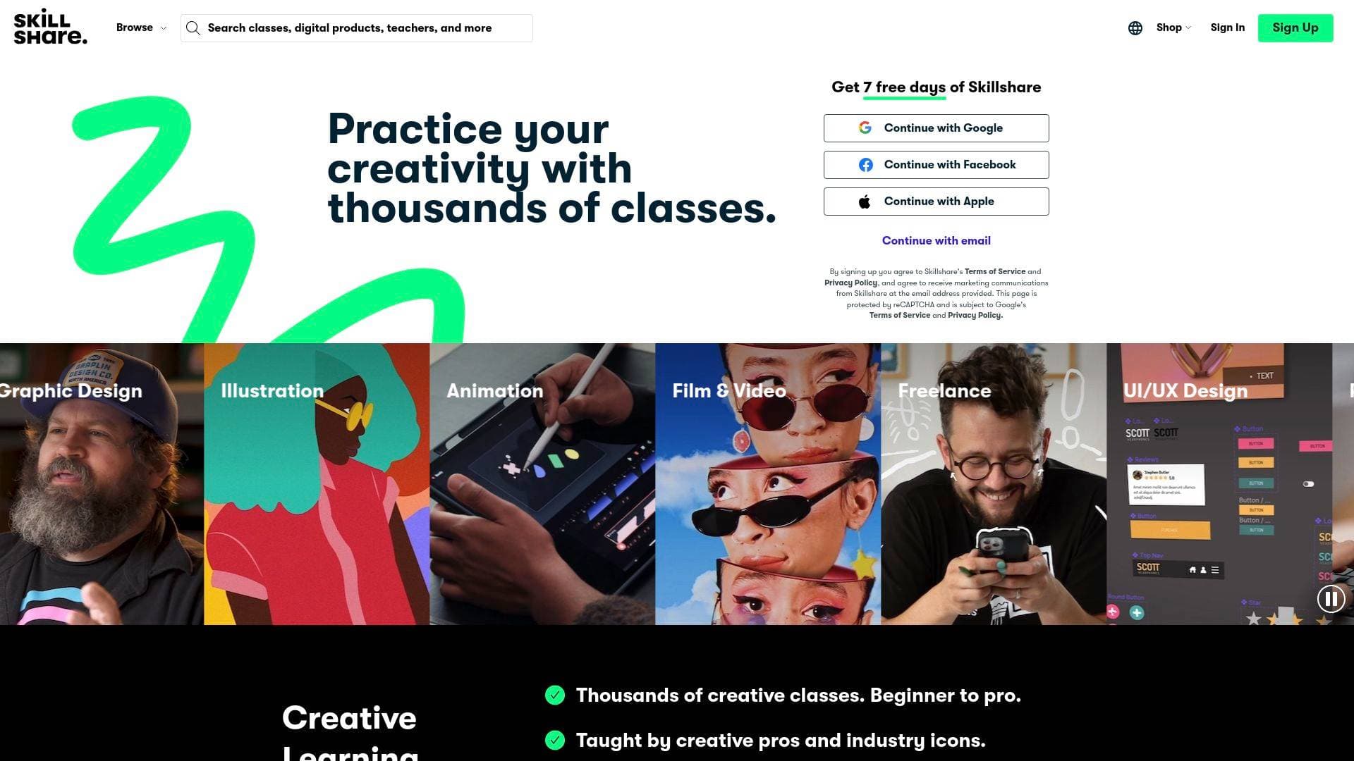 SkillShare interface screenshot showing main features and user interface