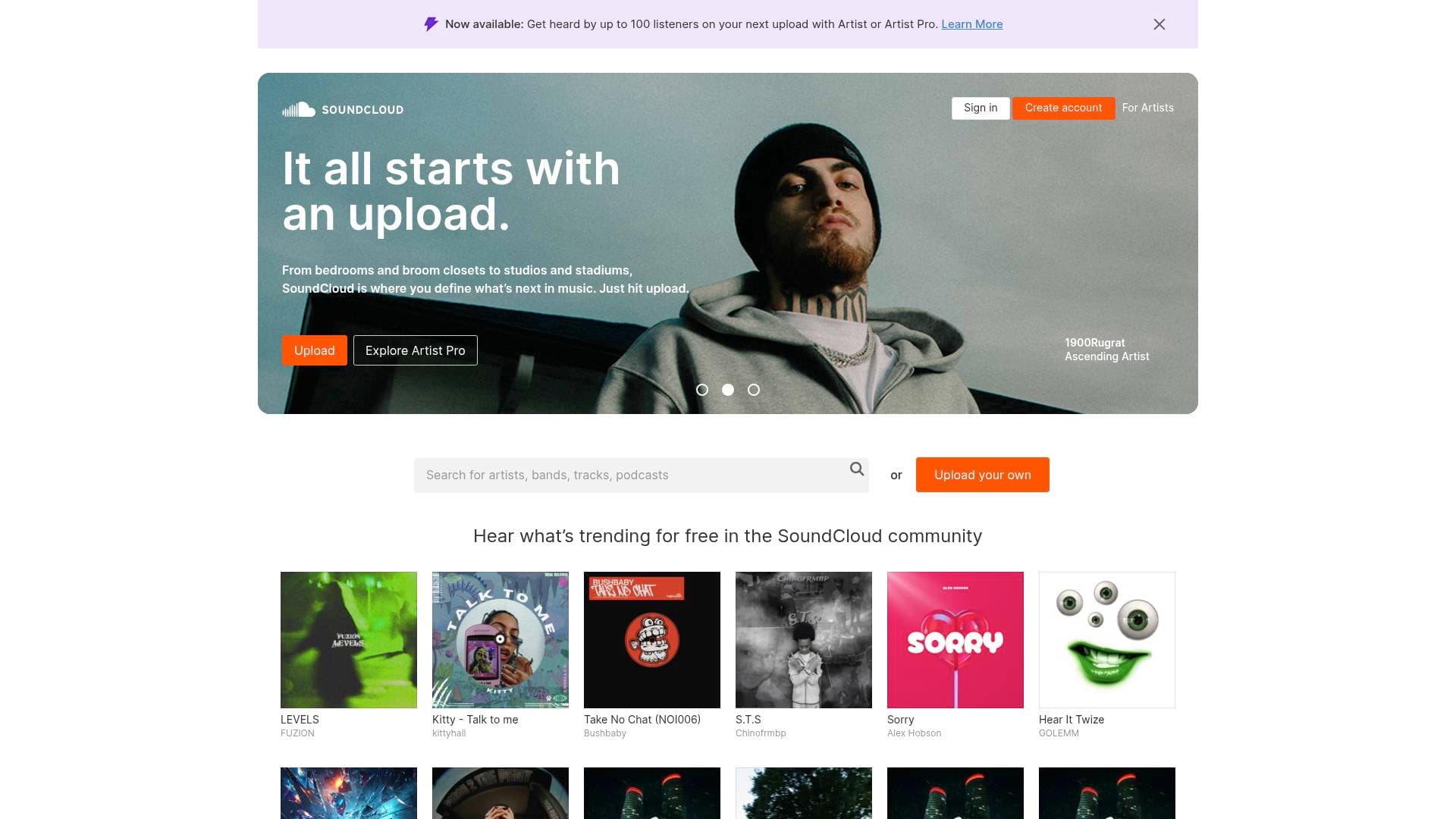 SoundCloud interface screenshot showing main features and user interface